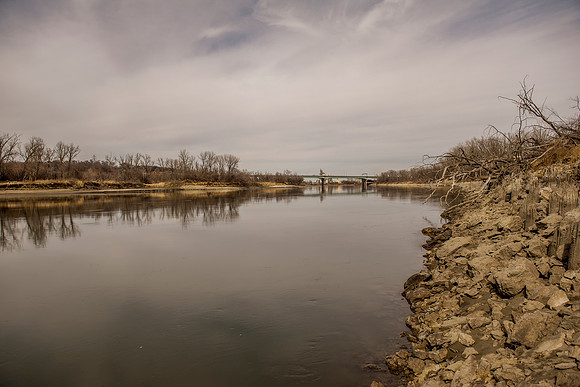 Missouri River looking North to Omaha Nebraska on the left and Council Bluffs Iowa on the right.